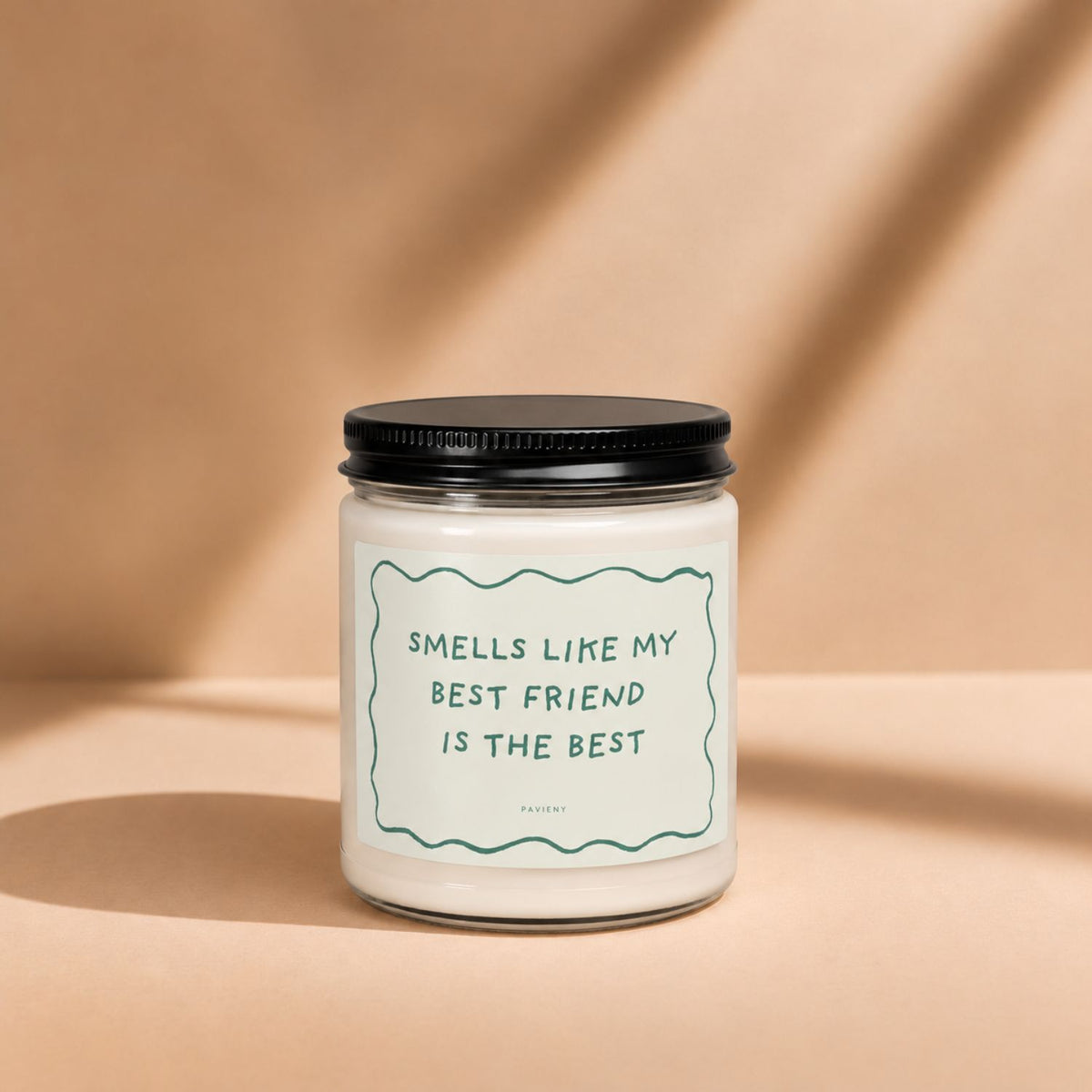 Best Friend candle by Pavieny with its friendship-themed label displayed on the closed glass jar, ideal for gifting to a bestie.