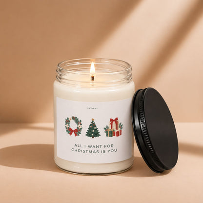 Lit All I Want for Christmas candle by Pavieny in a glass jar, a festive Christmas scented candle and holiday gift idea.