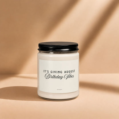 August Birthday Candle in a glass jar with its lid closed, a scented candle gift for August birthdays.