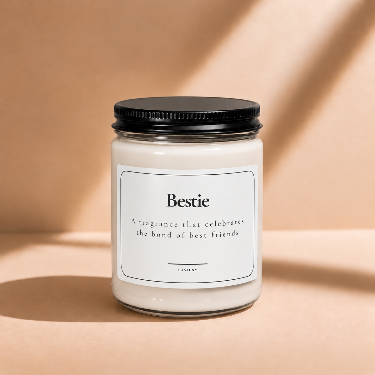 Closed 9oz Bestie scented soy candle with a black lid, a cute gift for best friends and besties.
