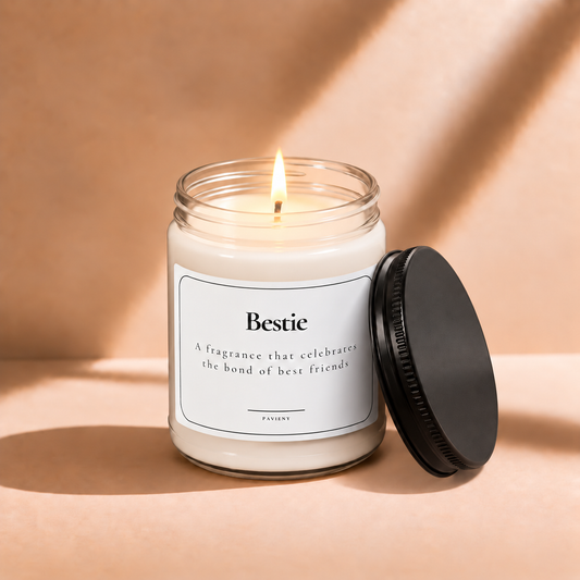 Lit 9oz Bestie scented soy candle with a warm flame, a fun friendship gift for a best friend.