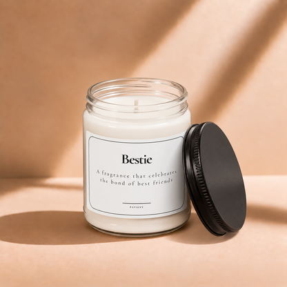 Open 9oz Bestie scented soy candle with the black lid beside the clear glass jar.