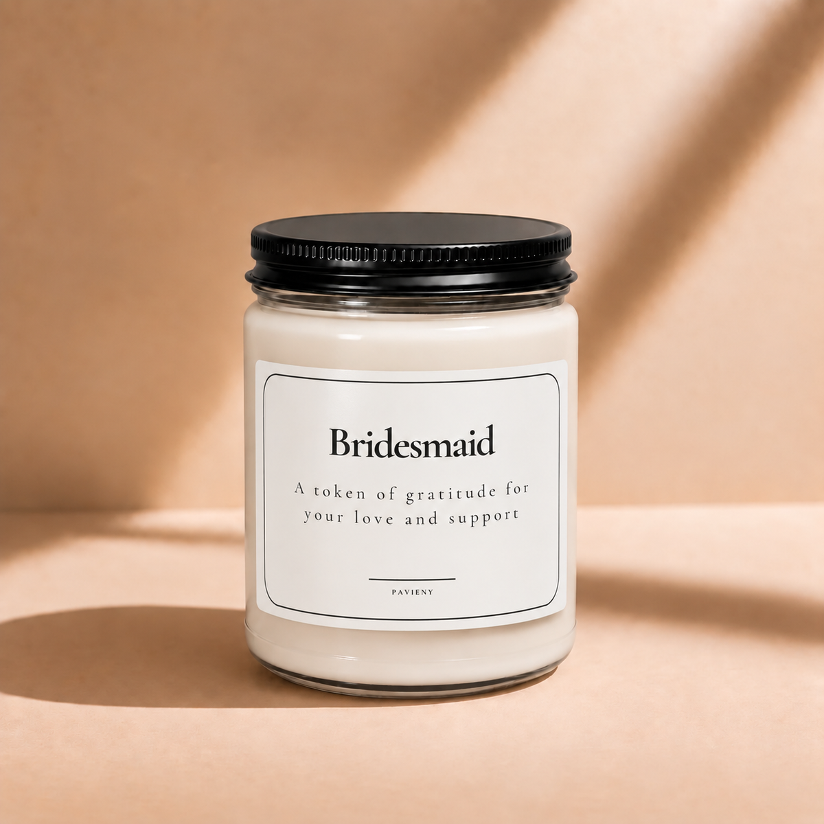 Closed 9oz Bridesmaid scented soy candle with a black lid, a meaningful gift for a bridesmaid or bridal party member.