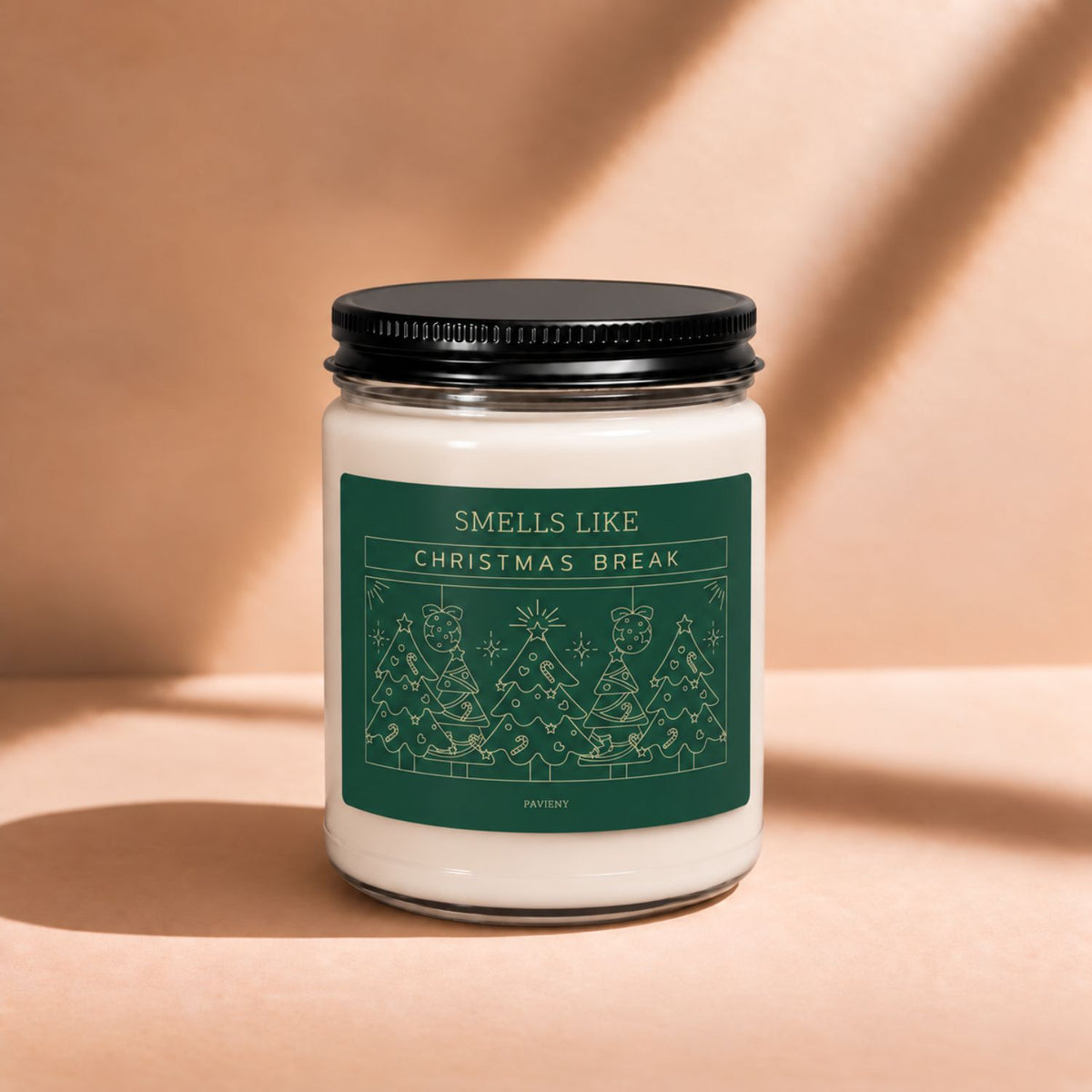 Closed 9oz Christmas Break scented soy candle with a black lid, a funny Christmas gift.