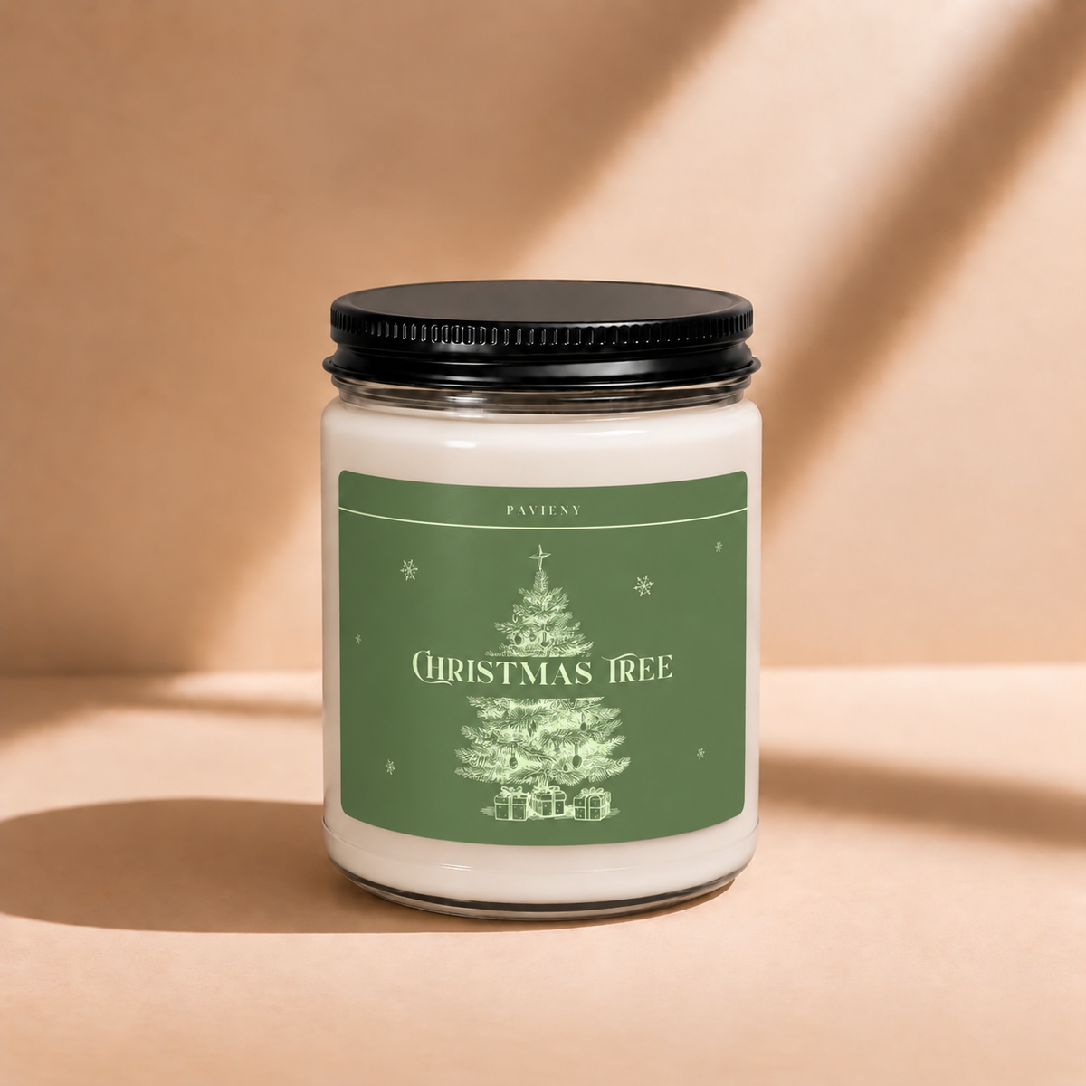 Closed 9oz Christmas Tree scented soy candle with a black lid, a cozy Christmas gift for friends and family.