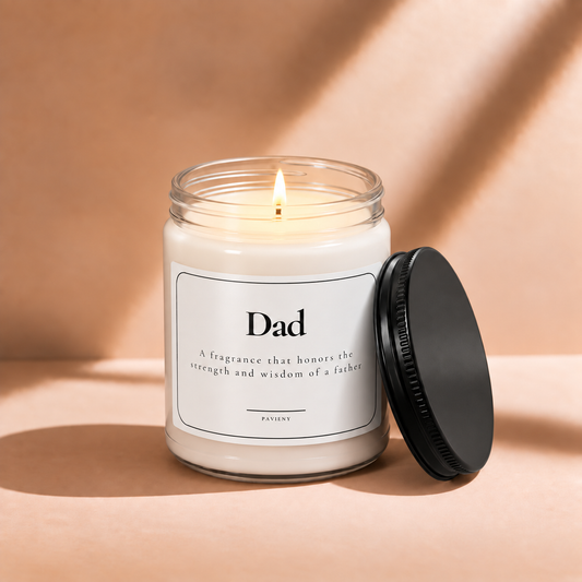 Lit 9oz Dad scented soy candle with a warm flame, a thoughtful gift for dads on Father’s Day or any special occasion.