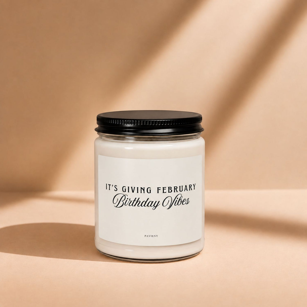 February Birthday Candle in a glass jar with its lid closed, a scented candle gift for February birthdays.