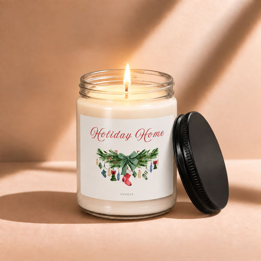 Lit Holiday Home scented candle creating a warm and inviting Christmas atmosphere.