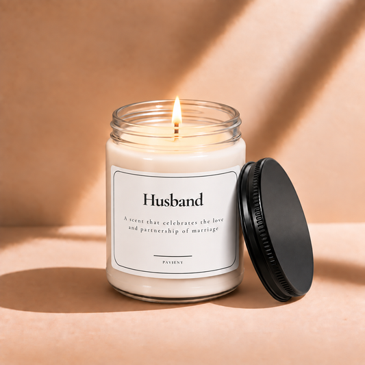 Lit 9oz Husband scented soy candle with a warm flame, a romantic gift for husbands on anniversaries, birthdays, or special occasions.