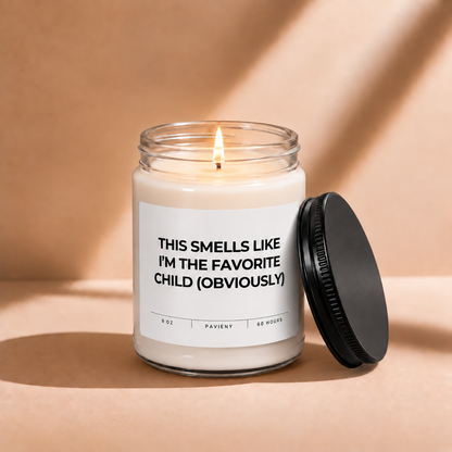 Lit 9oz I’m the Favorite Child scented soy candle with a warm flame, a funny gift for parents from their favorite child.