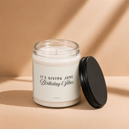 June Birthday Candle with the lid removed, showing the candle wax and label, a meaningful birthday gift idea.