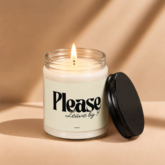 Leave by 9 funny scented candle lit in a clear glass jar, a humorous gift for introverts by Pavieny