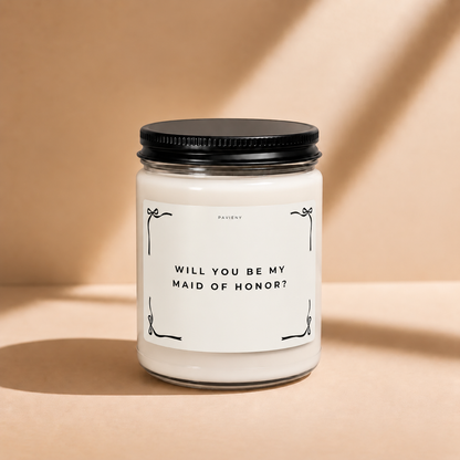 Closed 9oz Maid of Honor scented soy candle with a black lid, a meaningful gift for a maid of honor.
