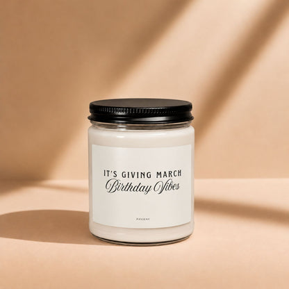 March Birthday Candle in a glass jar with its lid closed, a scented birthday gift for March birthdays.