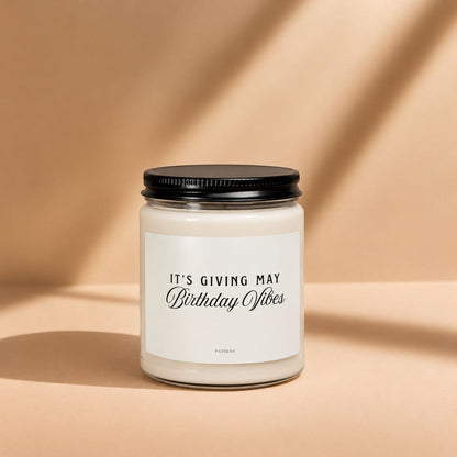 May Birthday Candle in a glass jar with its lid closed, a scented candle gift for May birthdays.