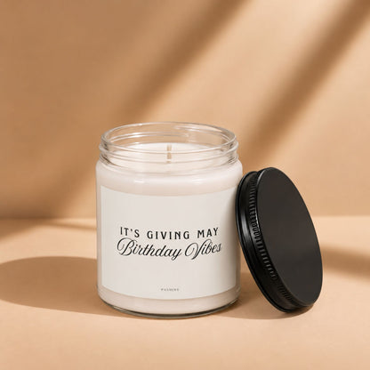 May Birthday Candle with the lid removed, showing the candle wax and label, a special gift for a May birthday.