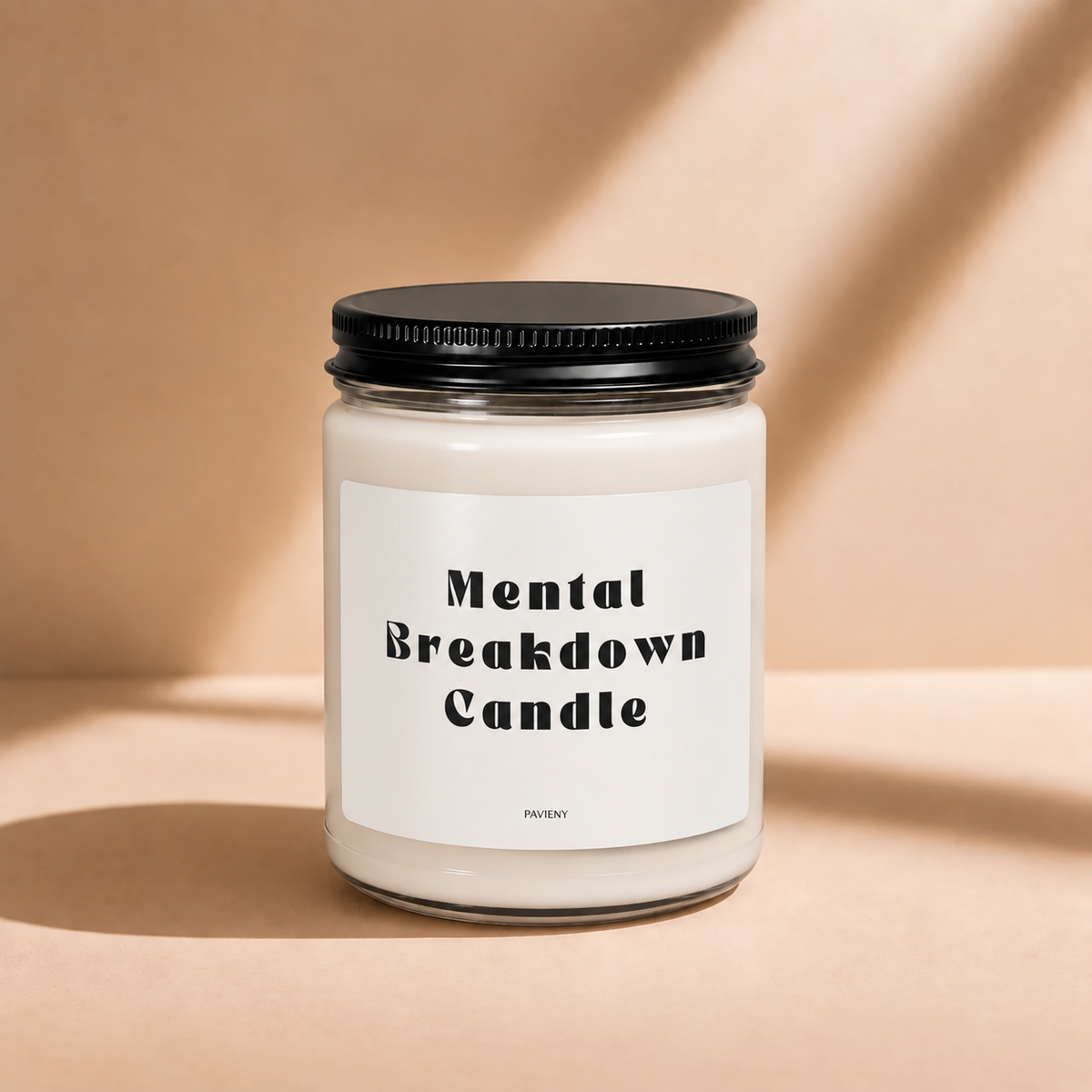 Closed 9oz Mental Breakdown scented soy candle with a black lid, a funny gift for friends who need a little break.