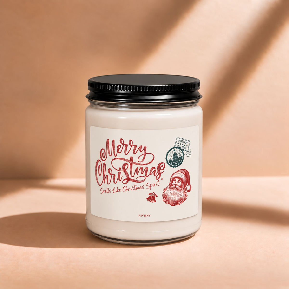 Closed 9oz Merry Christmas scented soy candle with a black lid, a festive holiday gift.