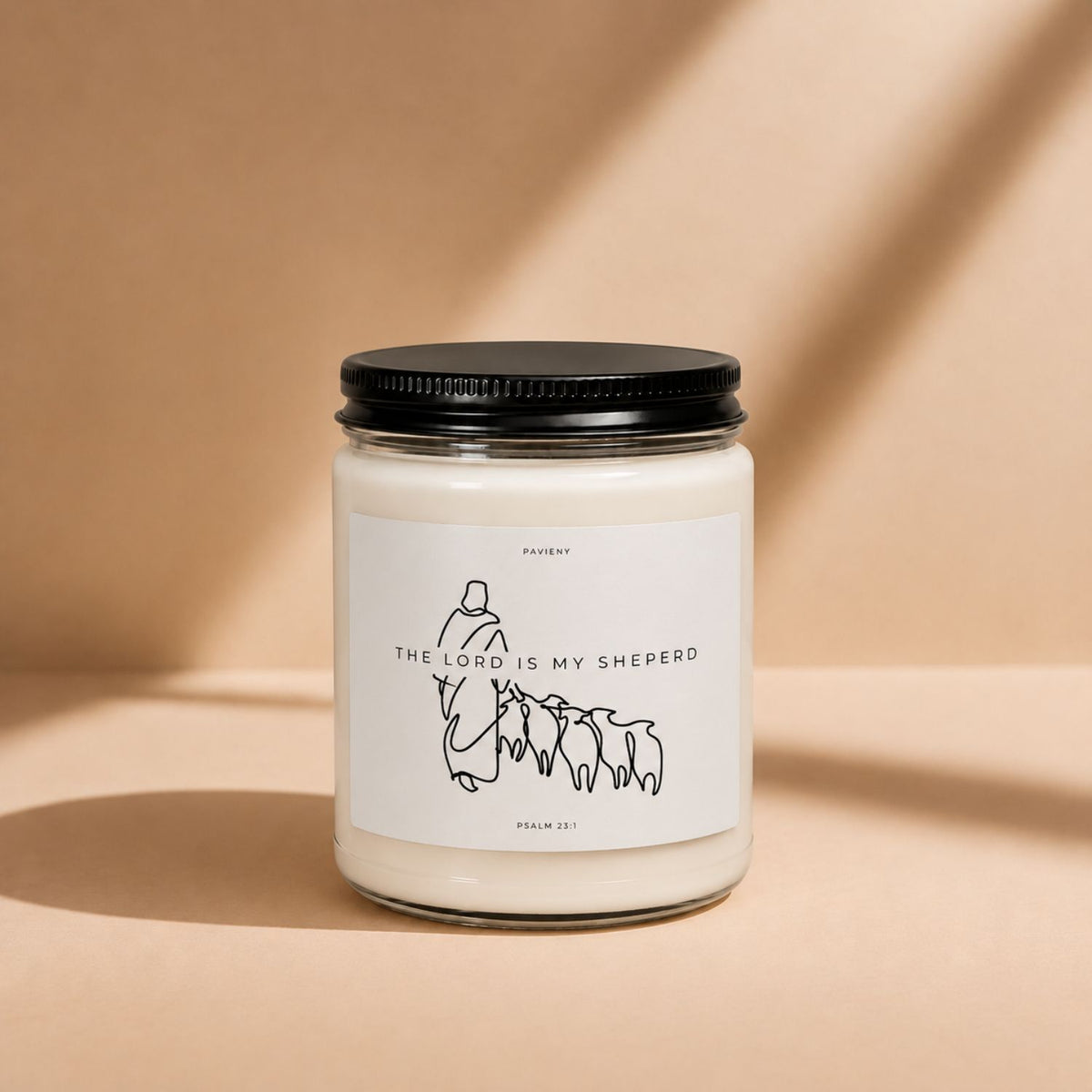 My Shepherd scented soy candle by Pavieny with its Christian-themed label displayed on a closed glass jar.