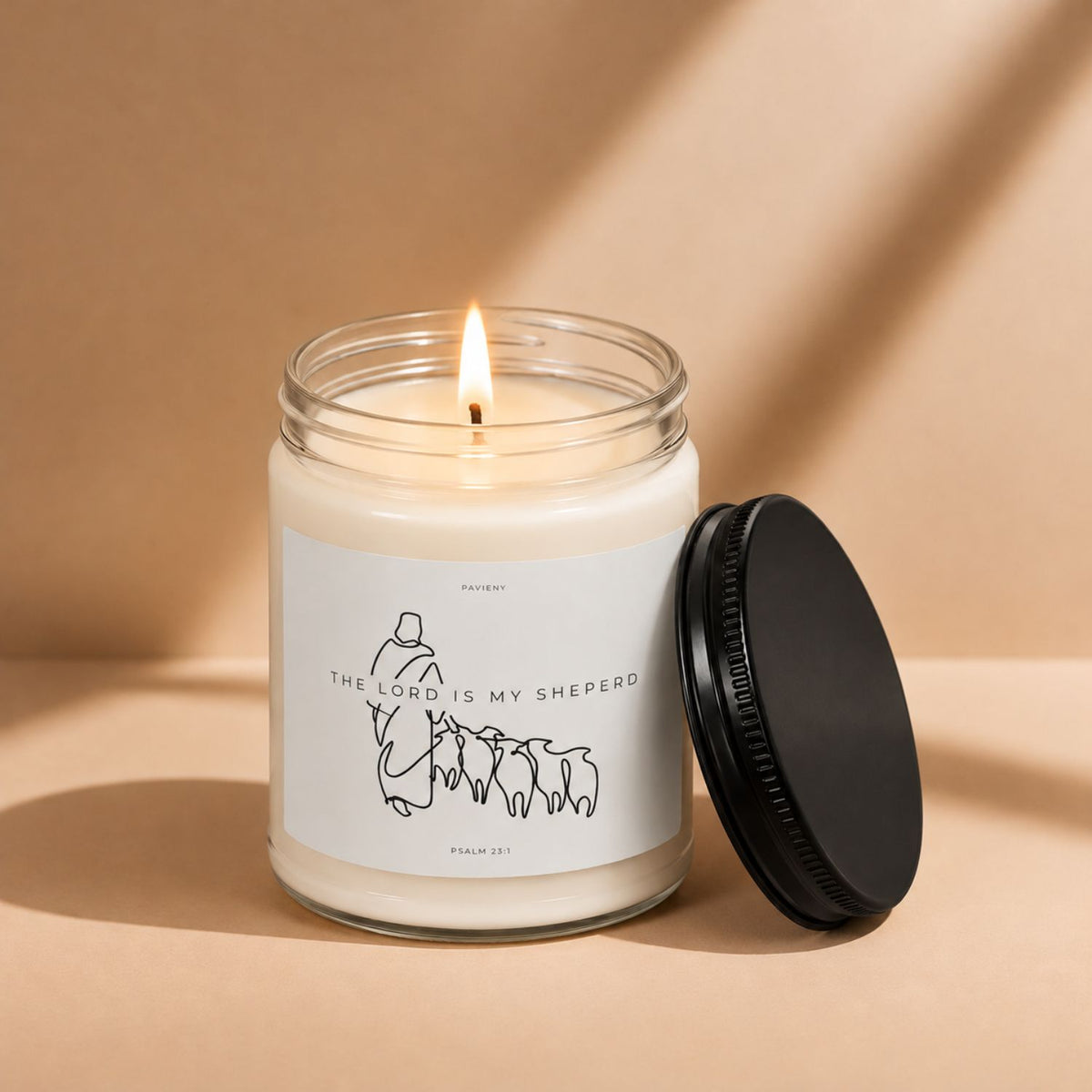 Lit My Shepherd scented soy candle by Pavieny in a glass jar, a faith-inspired Christian candle gift for believers and loved ones.