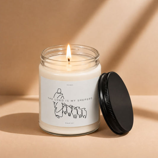 Lit My Shepherd scented soy candle by Pavieny in a glass jar, a faith-inspired Christian candle gift for believers and loved ones.