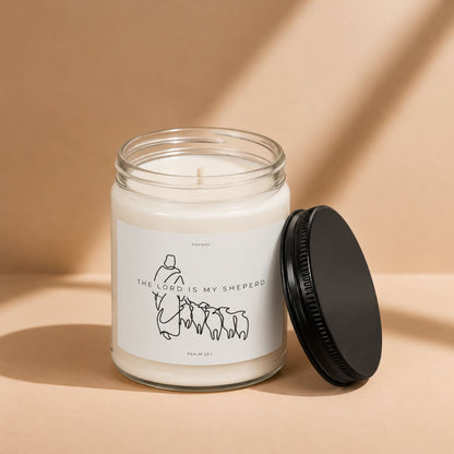 Open My Shepherd scented soy candle by Pavieny showing the wax surface and cotton wick, a faith-inspired candle for the home.