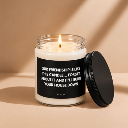Lit Our Friendship scented candle, a thoughtful friendship gift with a warm glow.