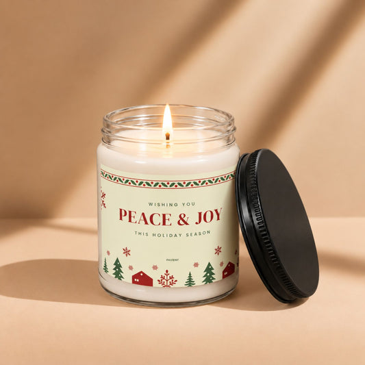 Peace and Joy scented candle lit in a clear glass jar, a festive Christmas candle by Pavieny