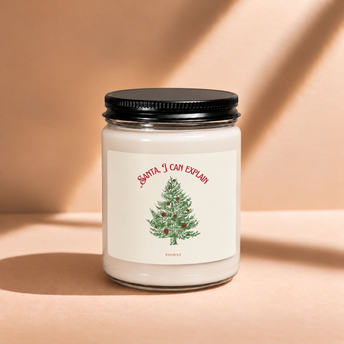 Closed 9oz Santa I Can Explain candle with a black lid and humorous Christmas design.
