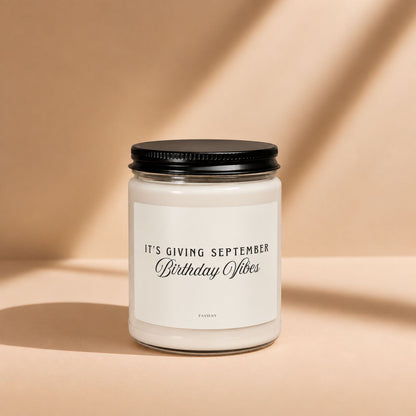 September Birthday Candle in a glass jar with its lid closed, a scented candle gift for September birthdays.