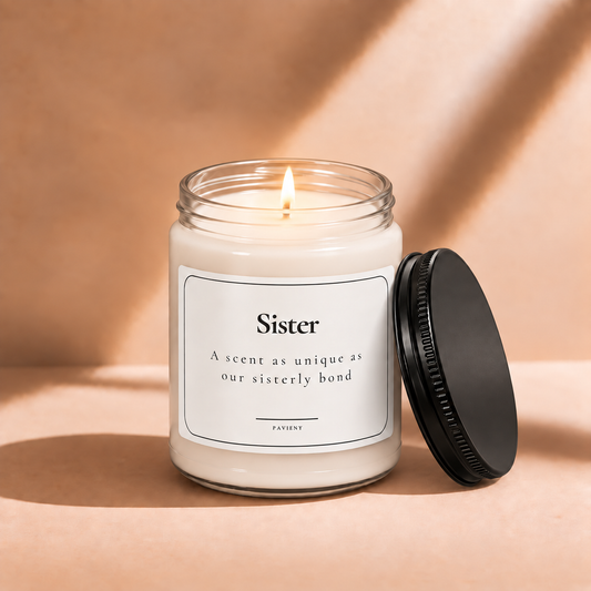 Lit 9oz Sister scented soy candle with a warm flame, a thoughtful gift for sisters on birthdays or special occasions.
