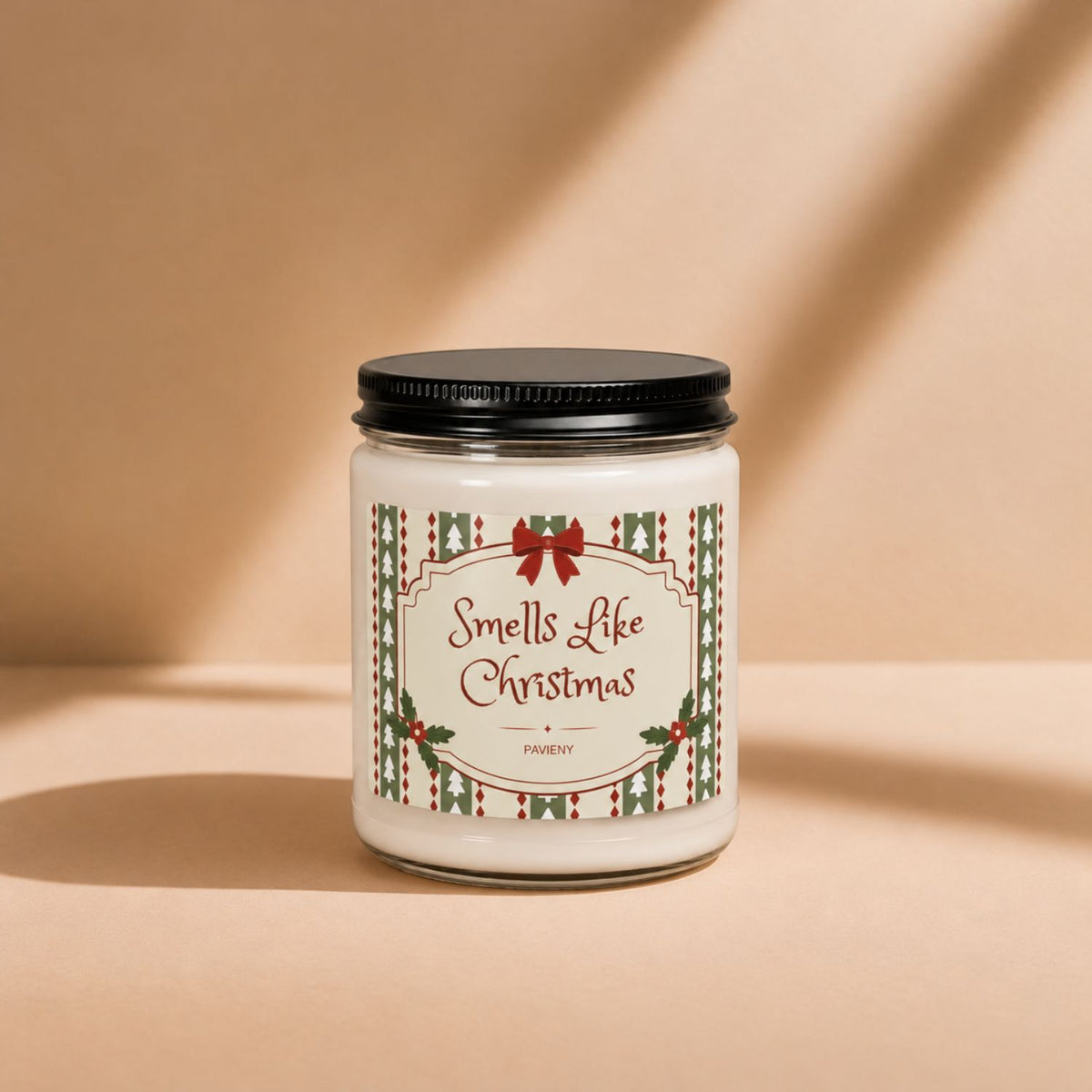 Smells Like Christmas candle by Pavieny with its holiday-themed label displayed on the closed glass jar, a Christmas gift idea.