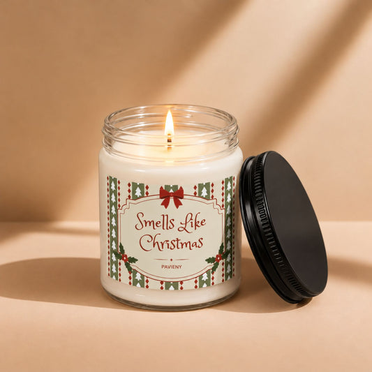 Lit Smells Like Christmas candle by Pavieny in a glass jar, a festive holiday scented candle for cozy winter evenings and Christmas decor.