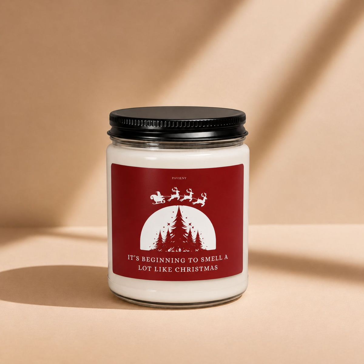 Smells Like Christmas candle by Pavieny, version 2, with its product label visible on the closed glass jar, ideal for holiday gifting.