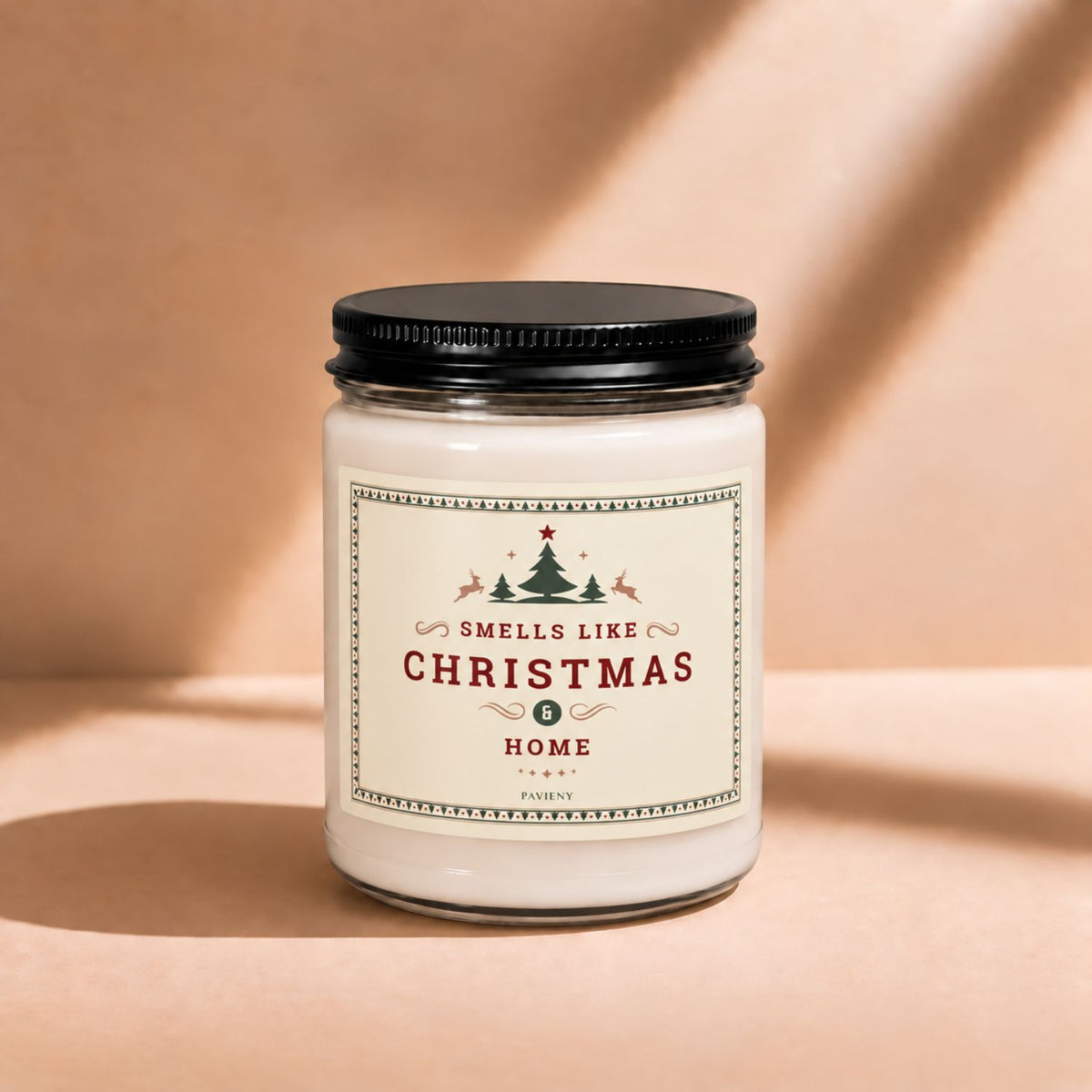 Front view of a 9oz scented candle featuring a festive “Smells Like Christmas” label.