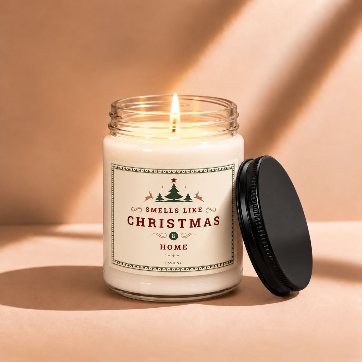 Lit 9oz Smells Like Christmas scented soy candle with a warm flame, a cozy holiday gift for Christmas lovers.