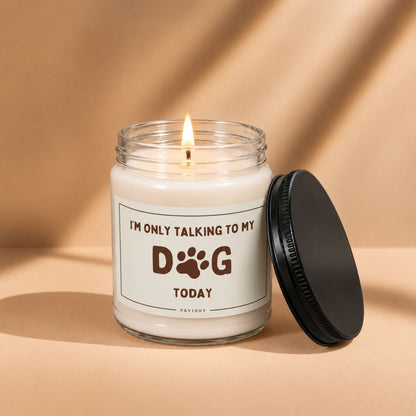 Talking to My Dog funny scented candle lit in a clear glass jar, a cute gift for dog lovers by Pavieny