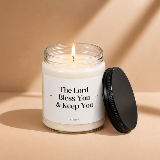 Lit The Lord Bless You Christian candle by Pavieny in a glass jar, a faith-inspired scented candle gift for family and friends.