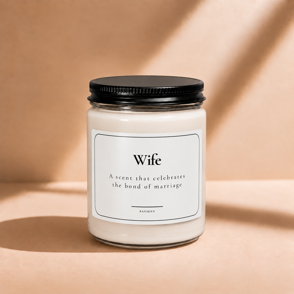 Closed 9oz Wife scented soy candle with a black lid, a thoughtful gift for a wife from her husband.