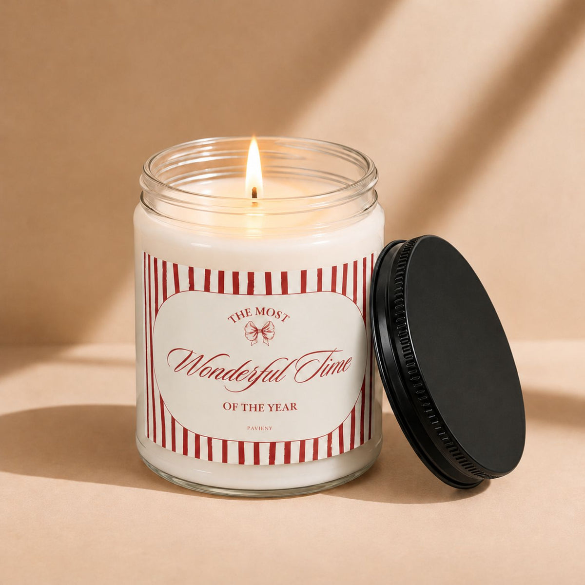 Lit Wonderful Time scented candle, adding a warm glow to Christmas celebrations and cozy holiday evenings.