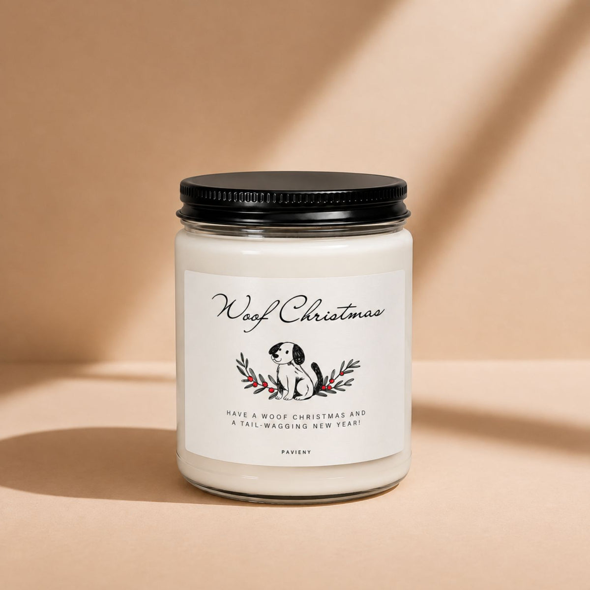 Woof Christmas candle in a glass jar, a fun Christmas gift for dog owners and dog lovers.