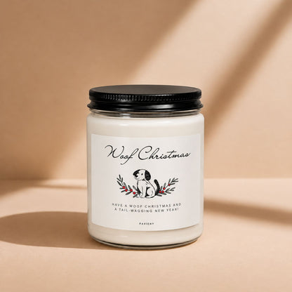 Woof Christmas candle in a glass jar, a fun Christmas gift for dog owners and dog lovers.