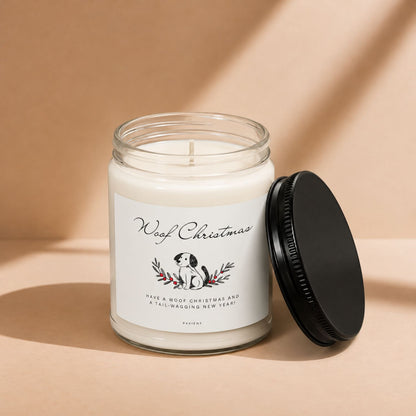 Woof Christmas scented candle with the wax and wick visible, a festive gift for dog lovers.
