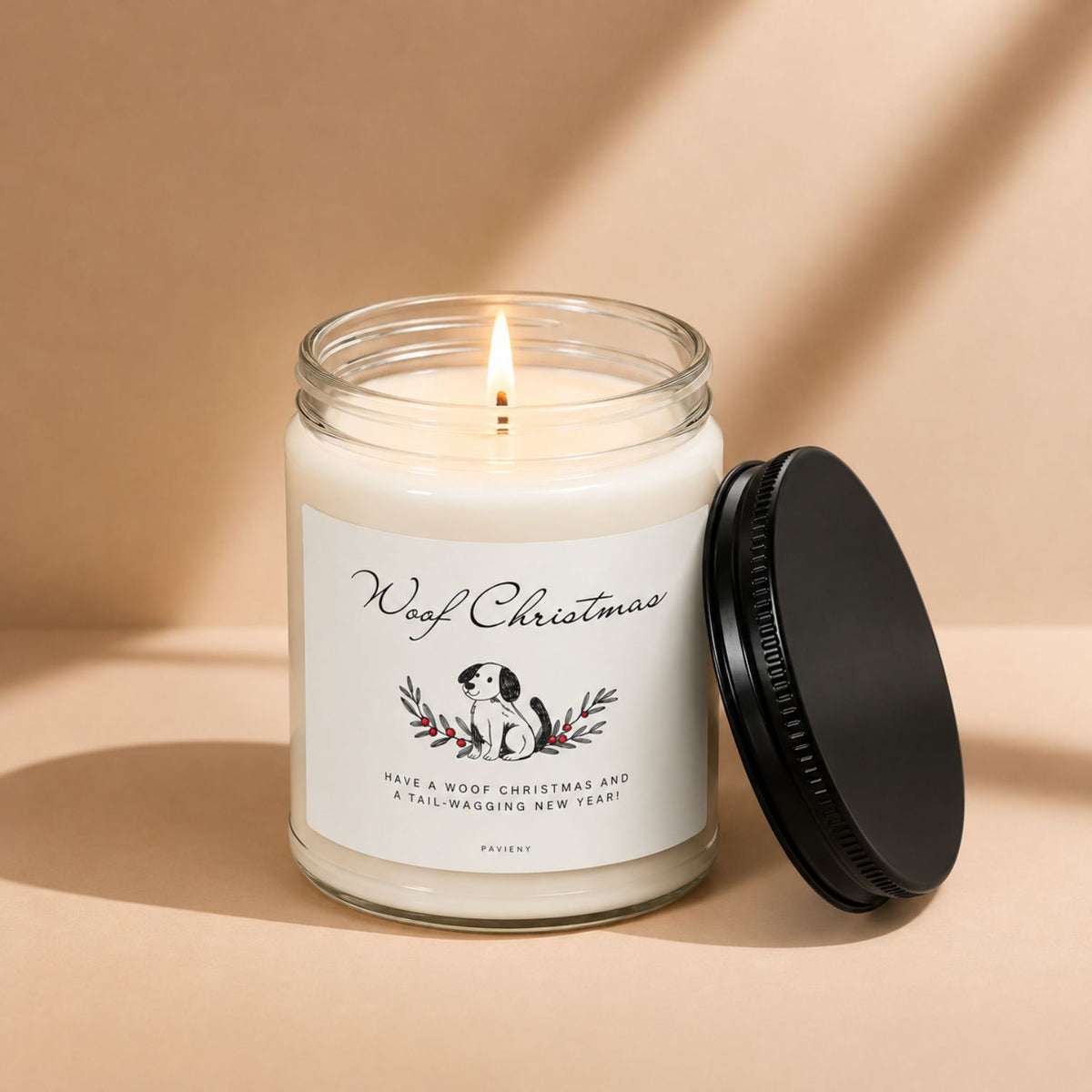 Lit Woof Christmas scented candle, a festive holiday gift for dog lovers.