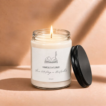 Lit Writing a Bestseller scented candle creating a cozy writing atmosphere for authors.
