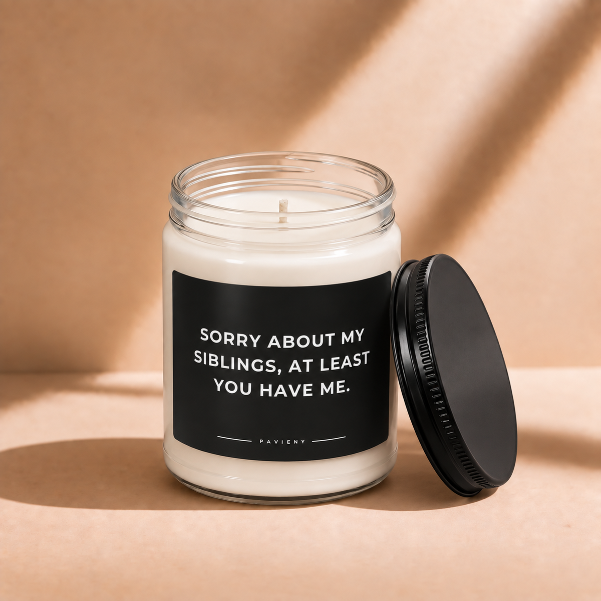 Open 9oz You Have Me scented soy candle with the black lid beside the clear glass jar.